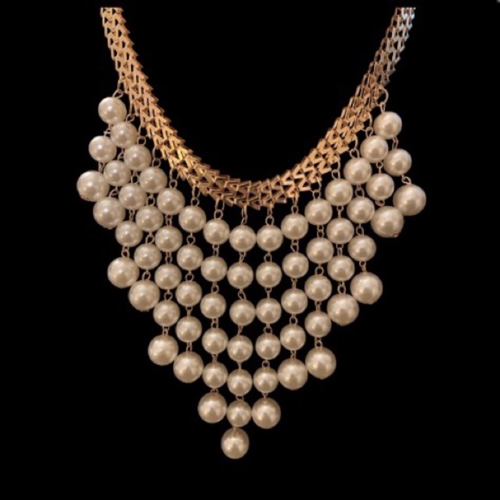 Faux Pearl Fringe Bib Necklace